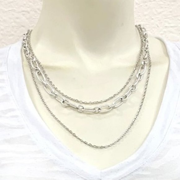 Triple Layer Chain Necklace Silver - Picture 1 of 3